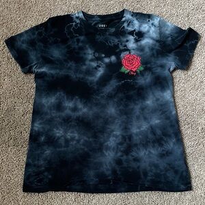 Obey Black Tie-Dye Tee with Red Rose Graphic